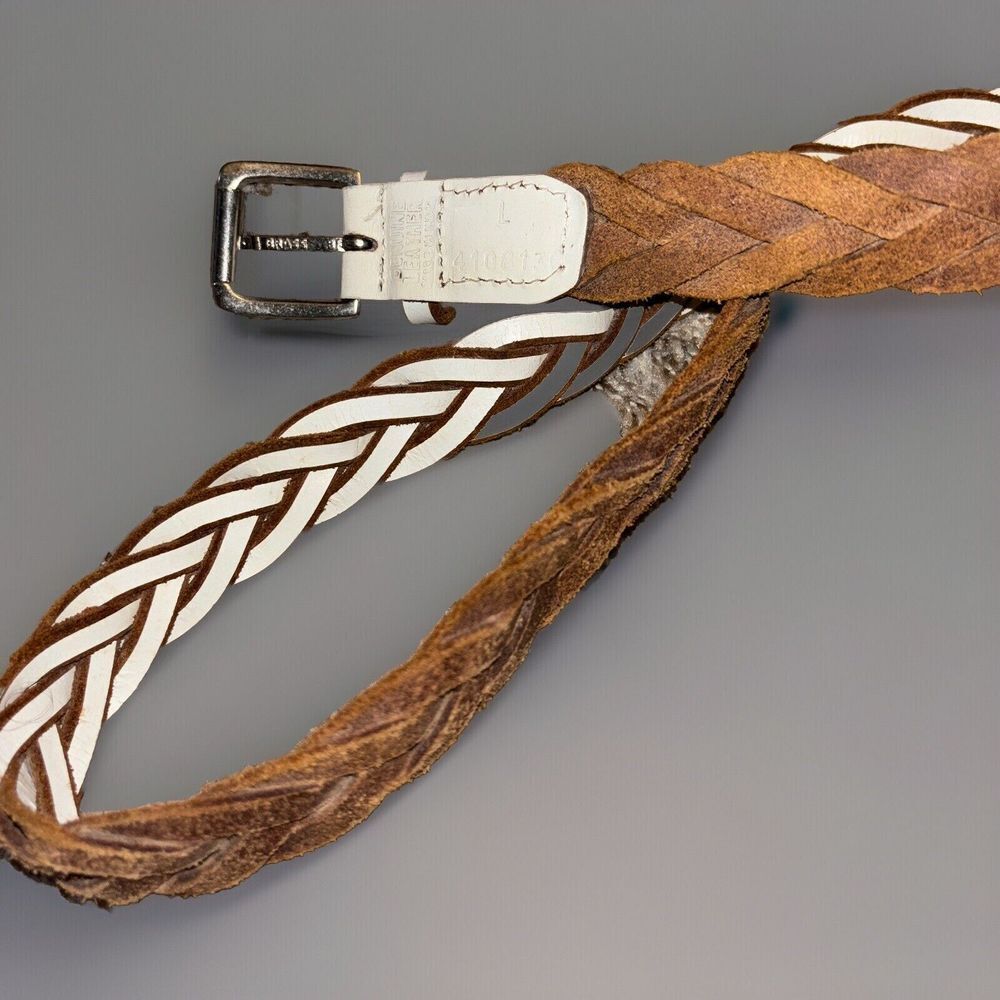 Vintage Calvin Klein Large Leather Braided Belt Brass Buckle Two Toned Cowboy - Picture 7 of 10